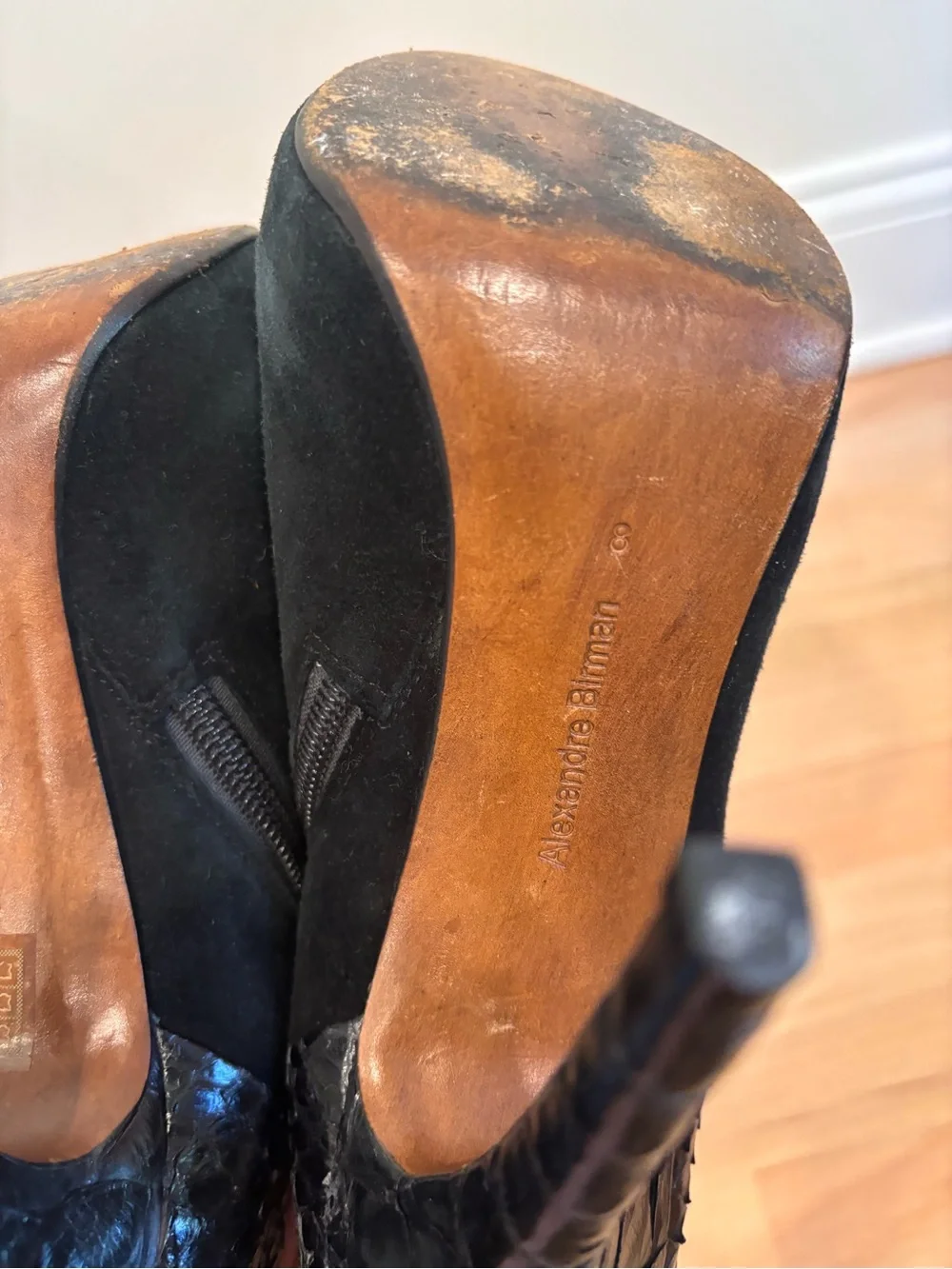 Alexandre Birman black suede and snake print booties size 8